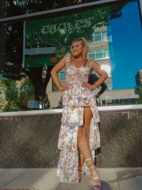 Floral Tiered High-Low Maxi Dress in Pastel Multicolor